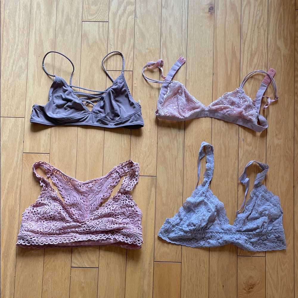 One Hanky Panky + others Lace and Strappy Bralette Set - Pink, Purple, Gray